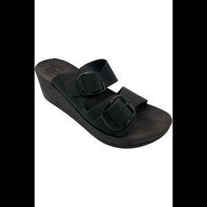 Fantasy Sandals Leather Buckle Wedge Sandals Helena Black - Medium